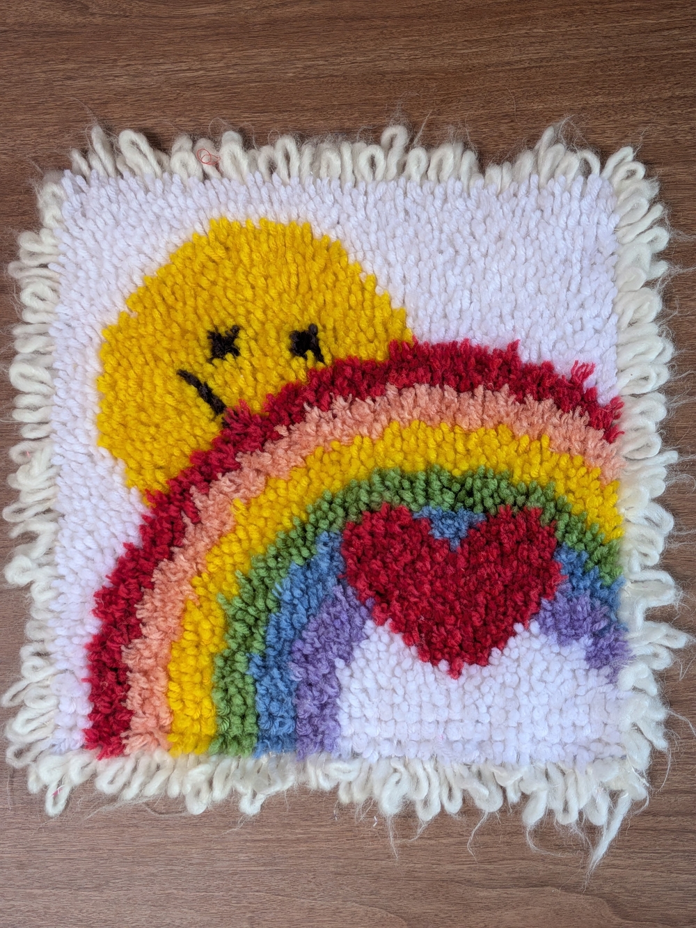 Rainbow Smiley Heart Latch Hook Wall Hanging 12x12 Kidcore Decor